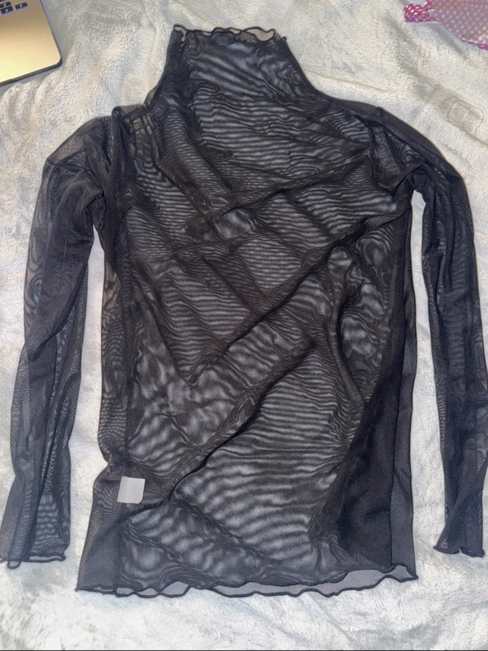 Black Sheer Mesh Long-Sleeve Mock Neck Top